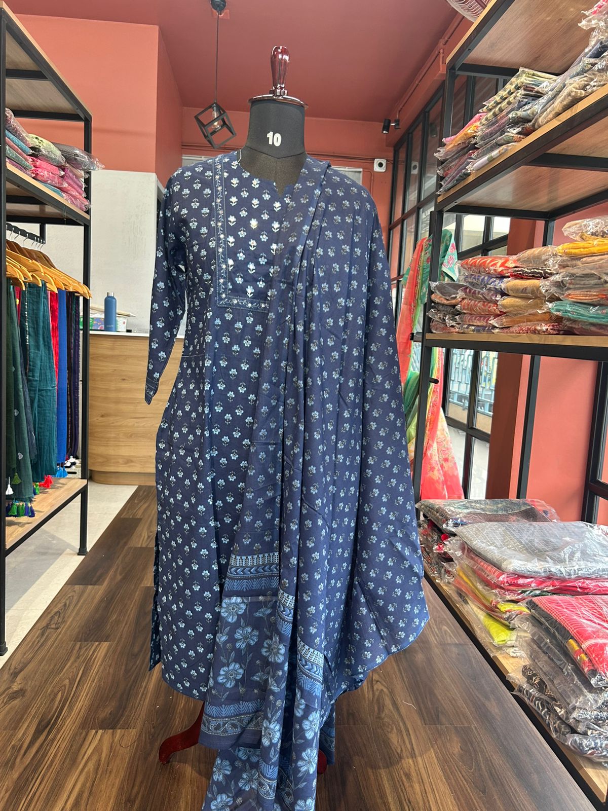 COTTON BLUE STRAIGHT FIT SALWAR SUIT SET