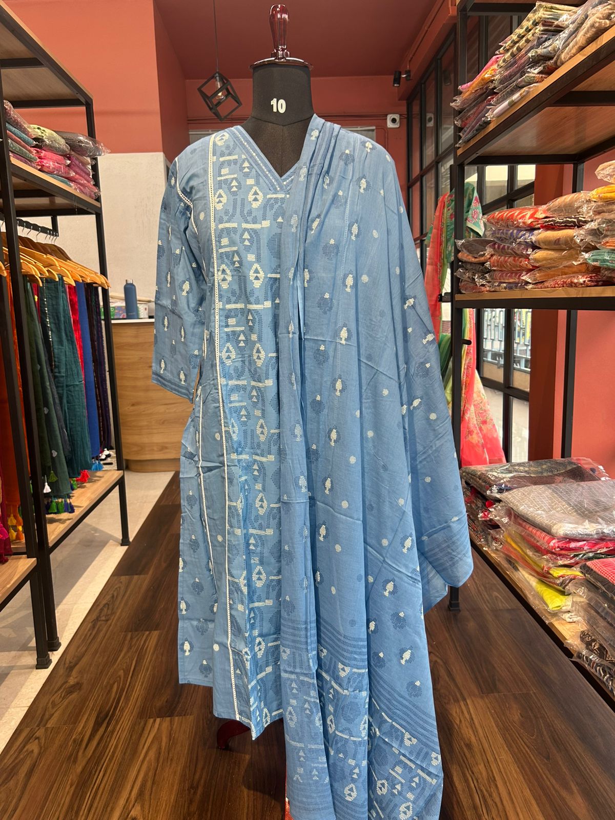 BLUE COTTON V NECK SALWAR SUIT SET