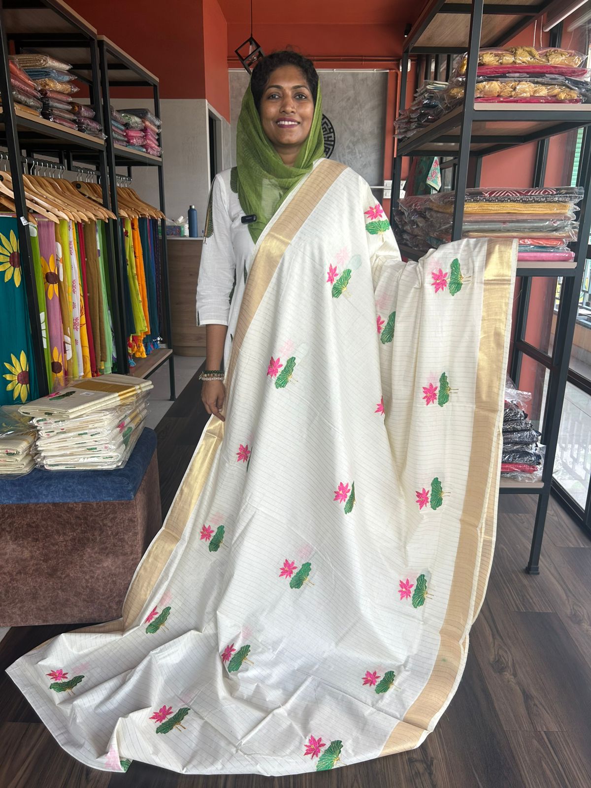 LOTUS EMBROIDERY ON KERALA COTTON SAREE