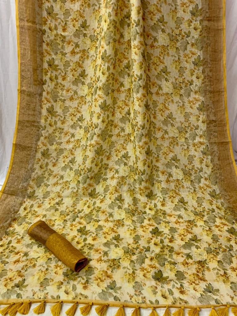 YELLOW FLORAL PRINTED LINEN SAREE