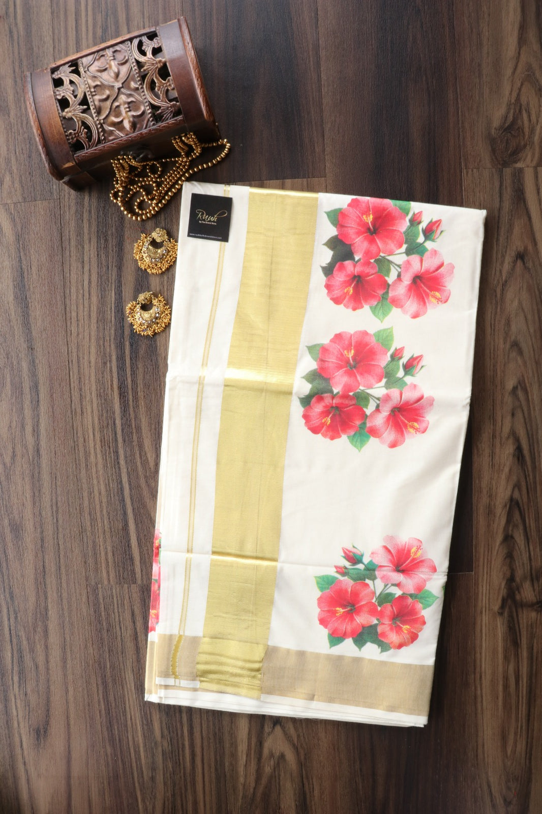 HIBISCUS PRINTED KERALA  COTTON SAREE