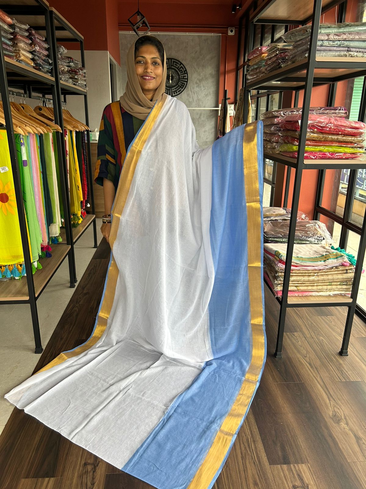 BLUE - WHITE MULMUL SAREE