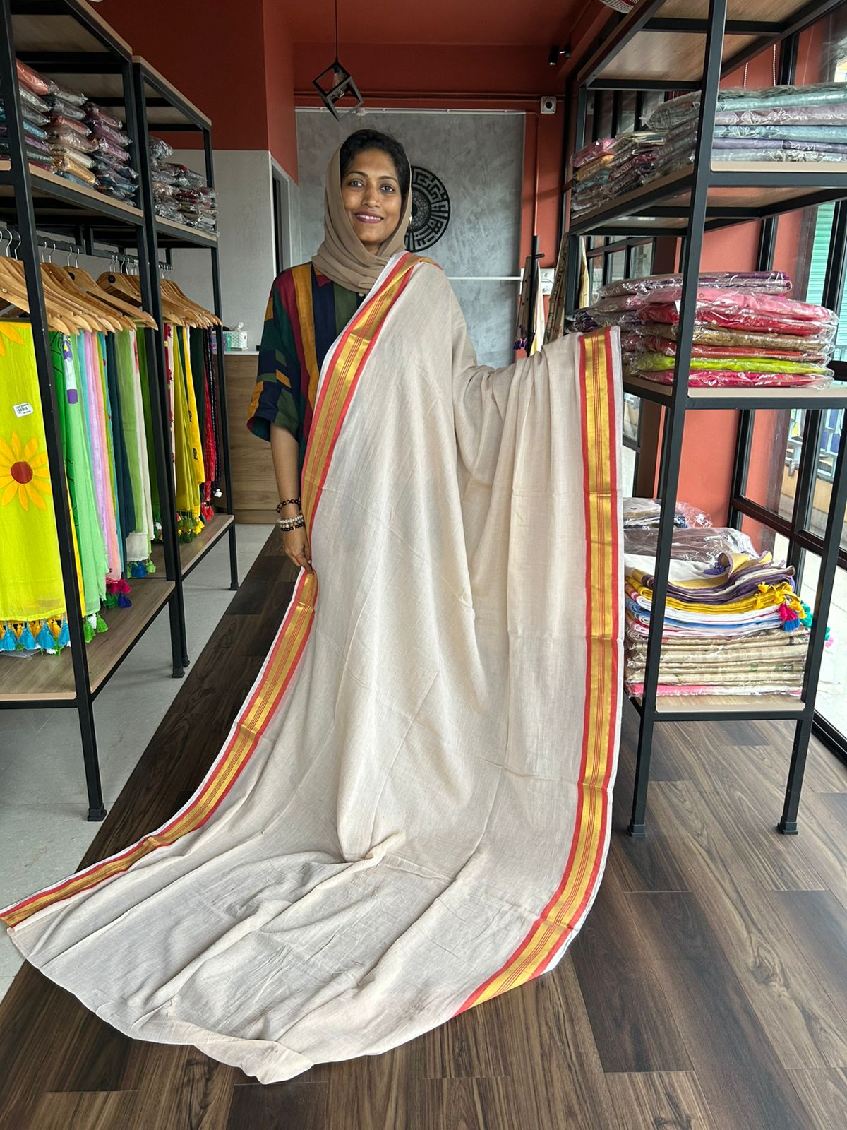 MULMUL COTTON WITH RED AND GOLD BORDER