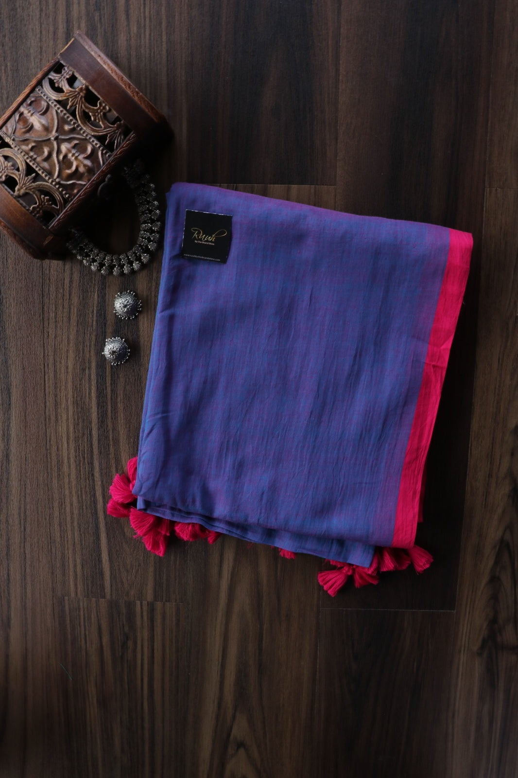 BLUE - PINK PLAIN MULMUL SAREE