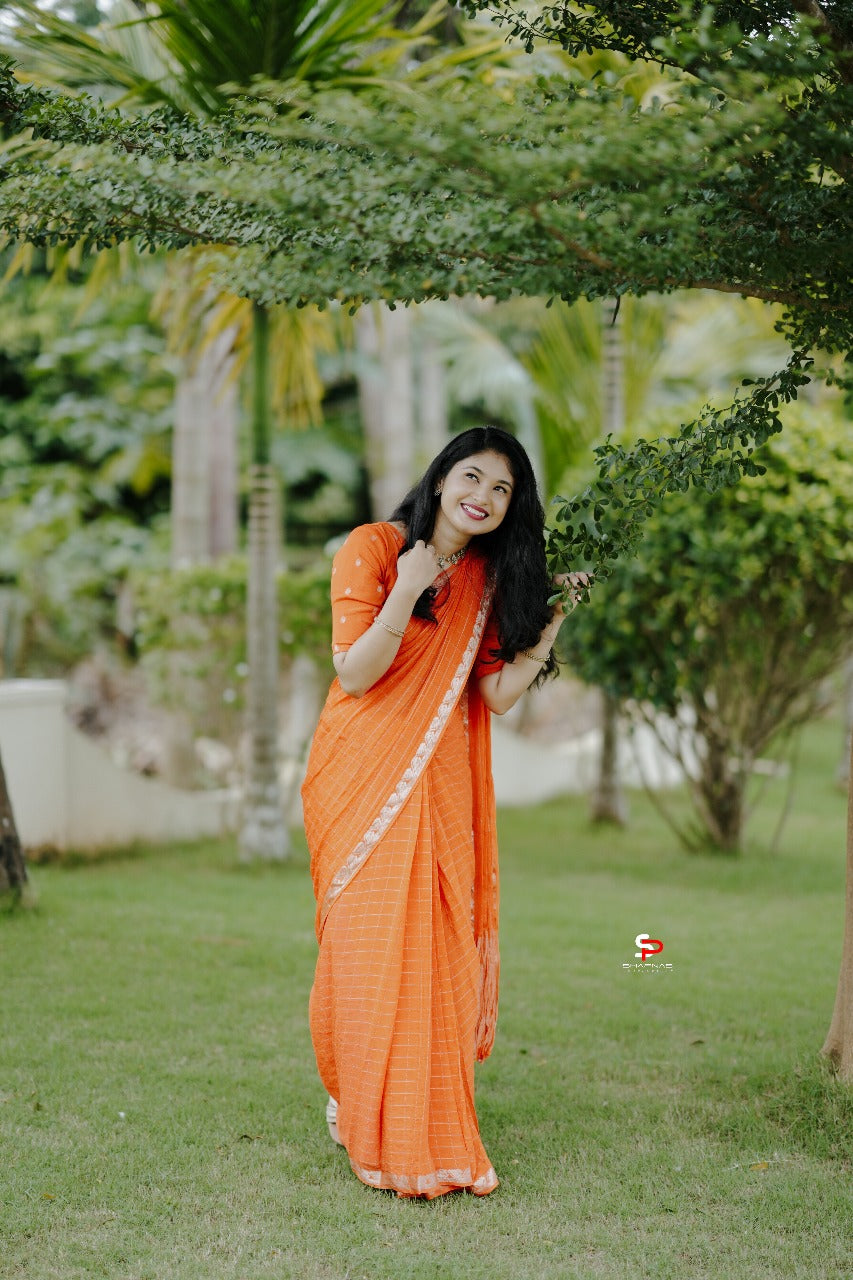 ORANGE VISCOSE CHINNON SAREE