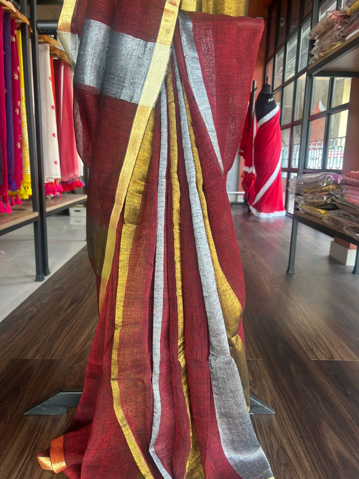 MAROON LINEN SAREE