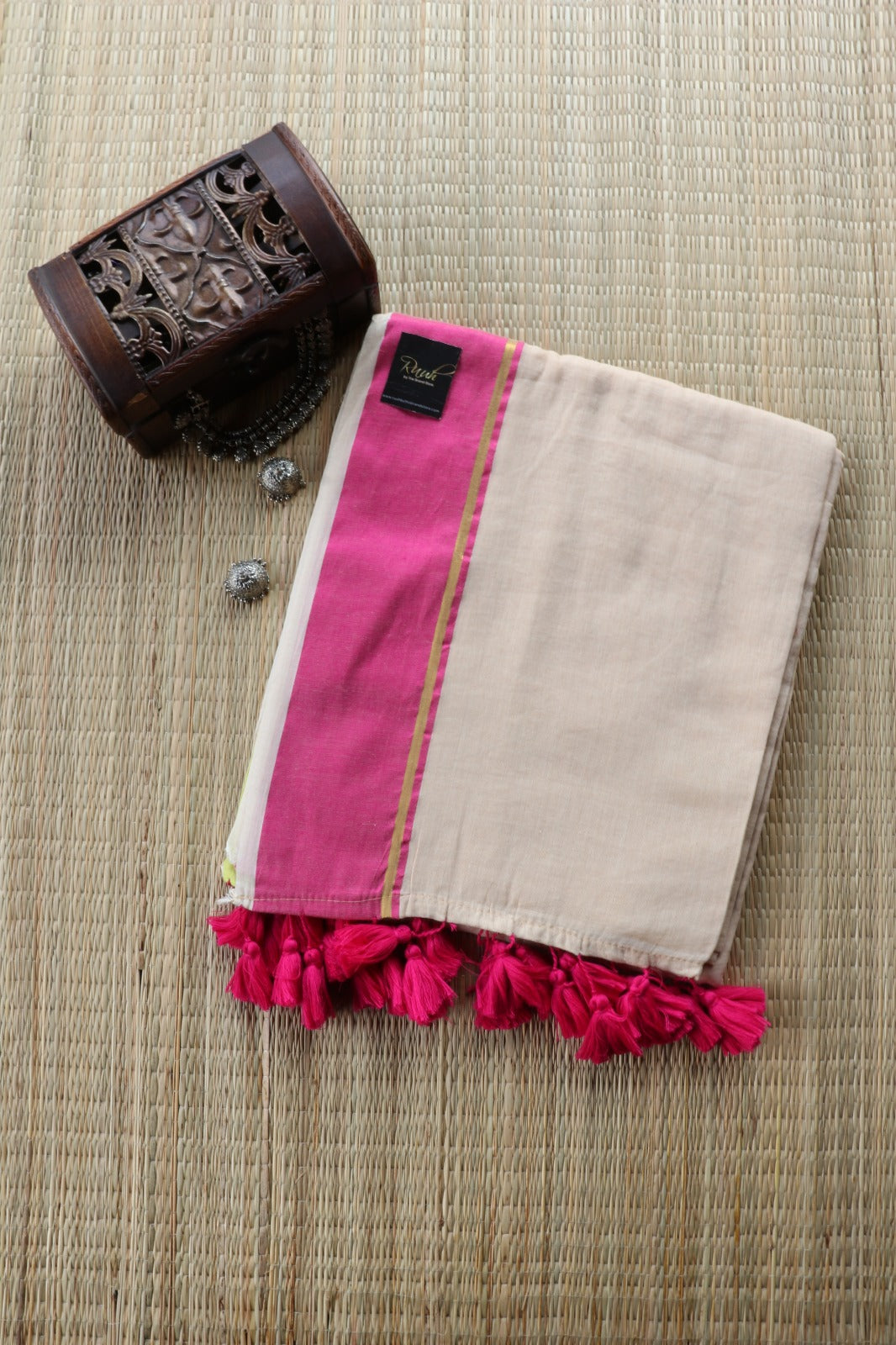 MULMUL SAREE WITH PINK & NEON BORDER - TBS26MP