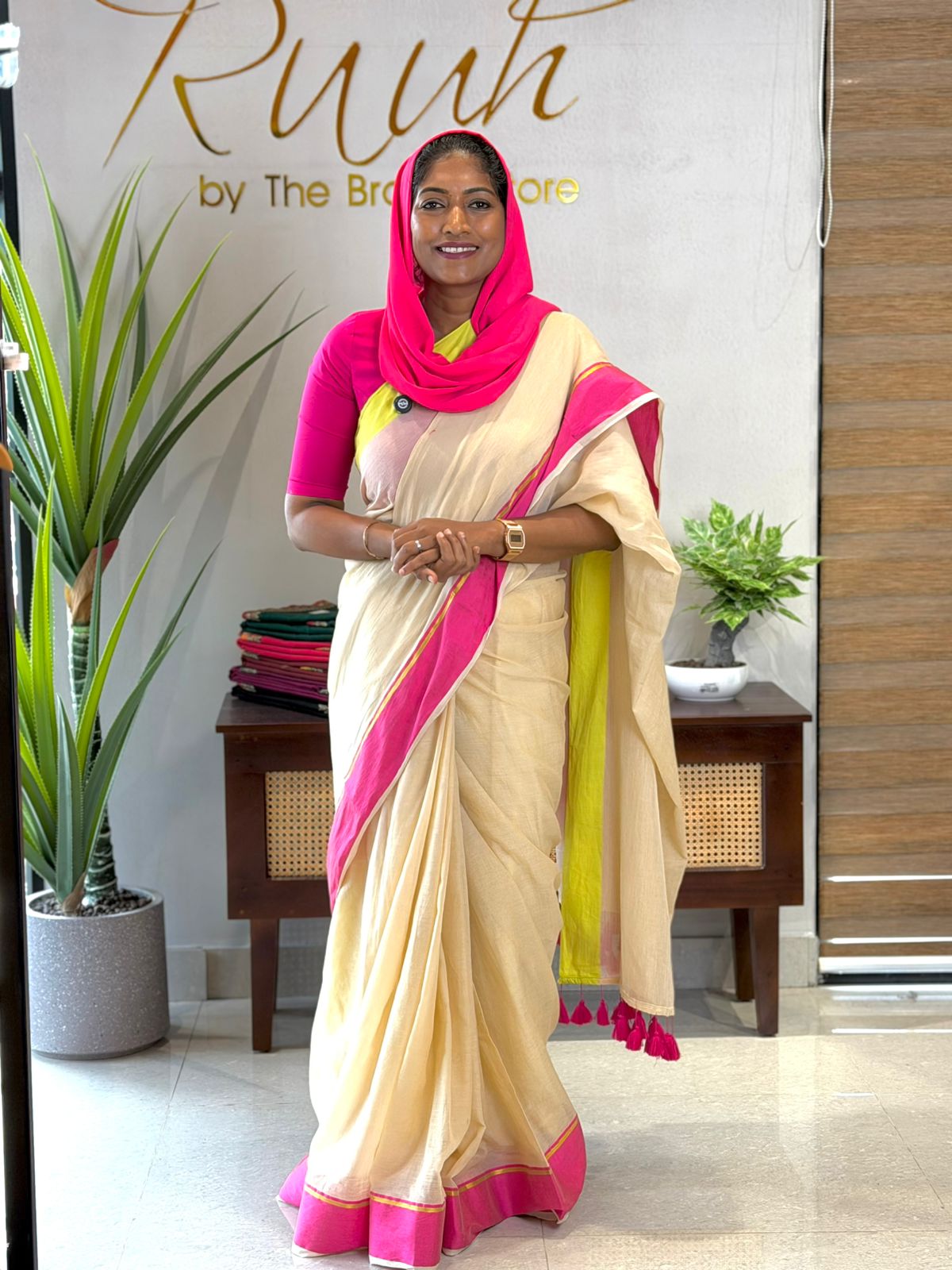 MULMUL SAREE WITH PINK & NEON BORDER - TBS26MP