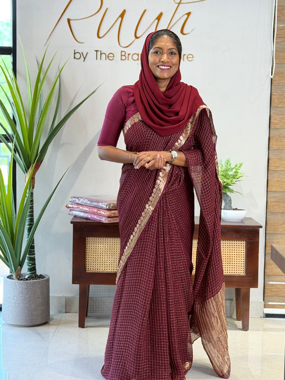 WINE VISCOSE CHECK SAREE-TBS26VC1- Prebook
