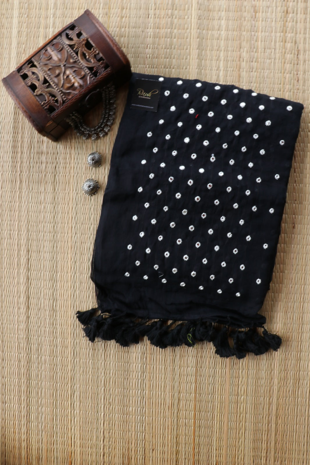 BLACK MULMUL MIRROR WORK SAREE-TBS26MMW