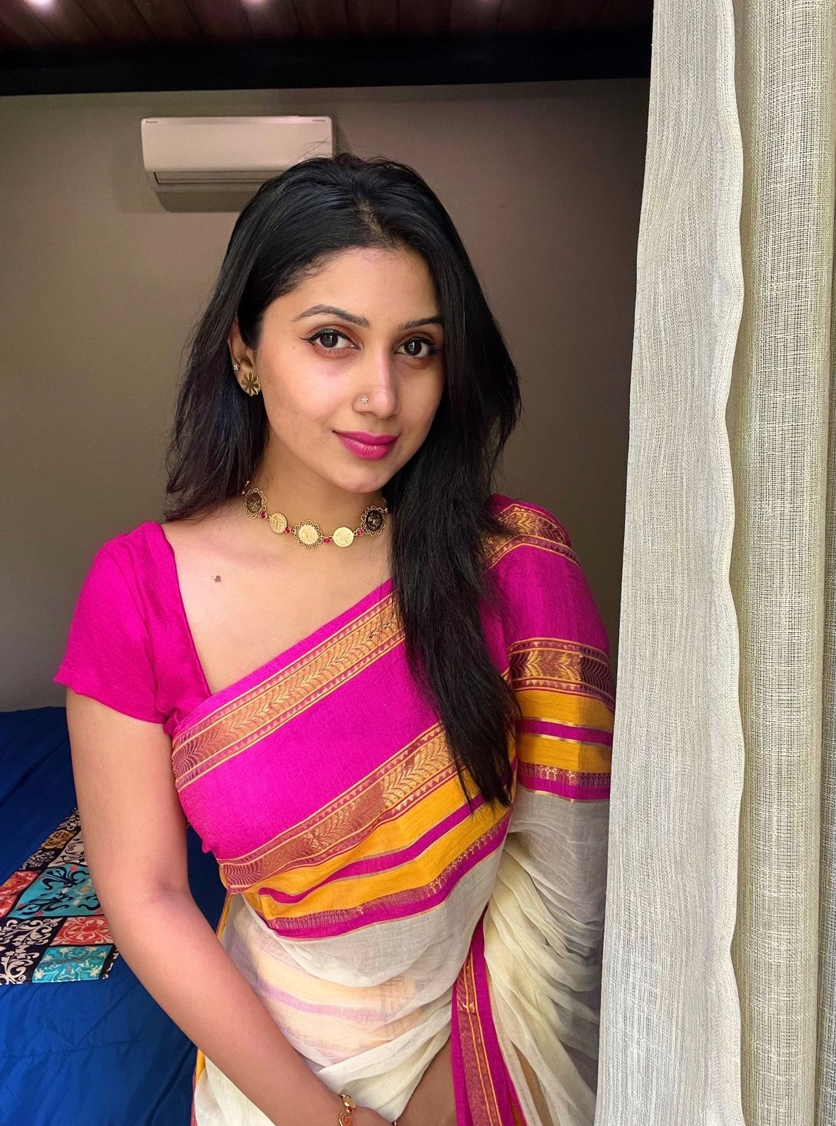 MULMUL COTTON SAREE WITH PINK & YELLOW BORDER- TBS26PY
