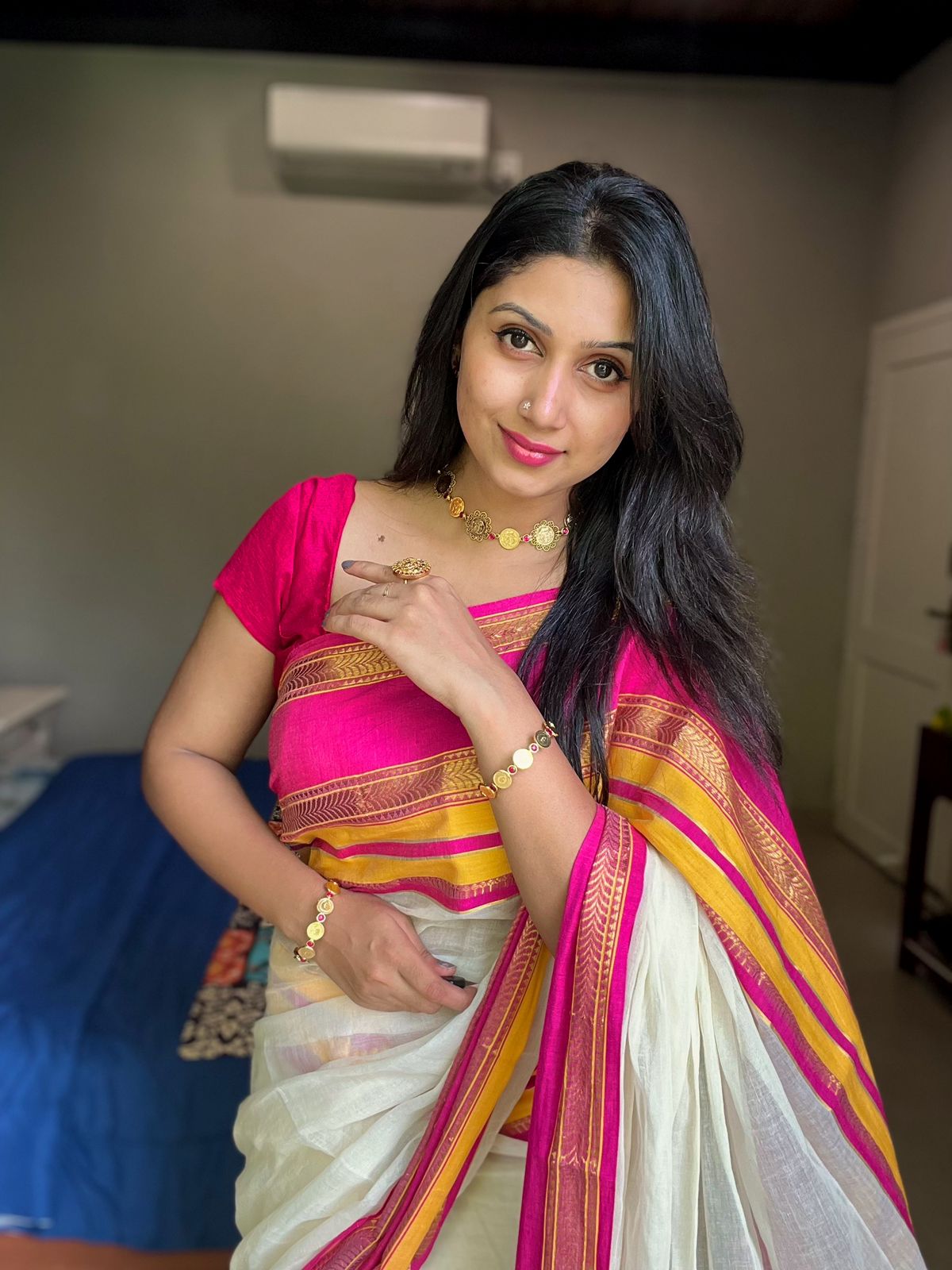 MULMUL COTTON SAREE WITH PINK & YELLOW BORDER- TBS26PY