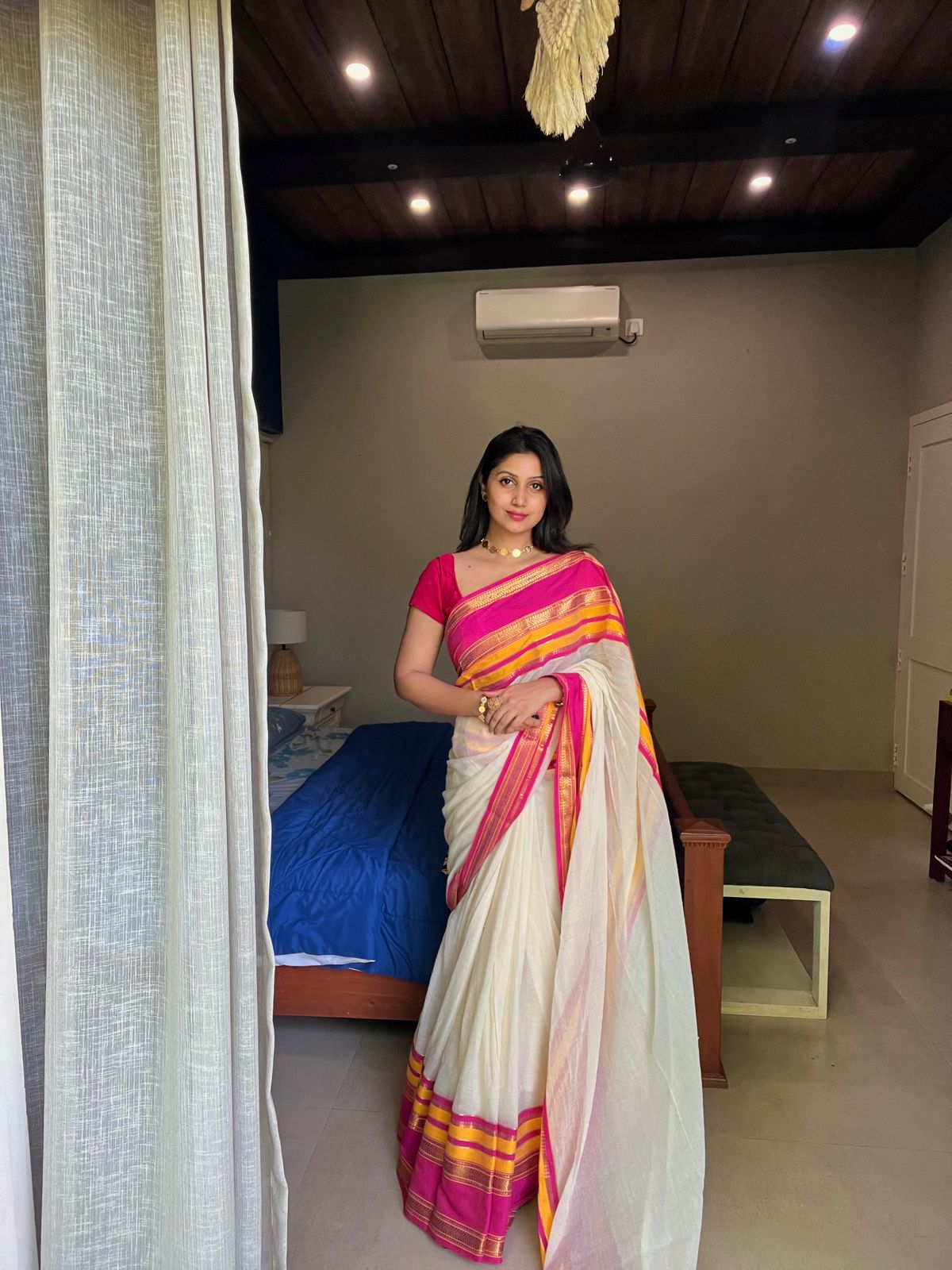 MULMUL COTTON SAREE WITH PINK & YELLOW BORDER- TBS26PY