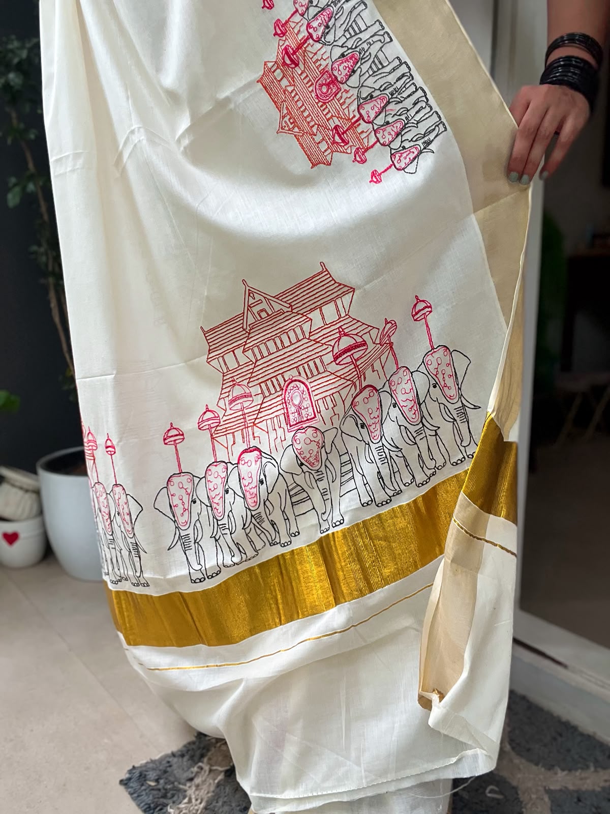 THRISSUR POORAM- ELEPHANT EMBROIDERY KERALA COTTON SAREE- TBS26CTP
