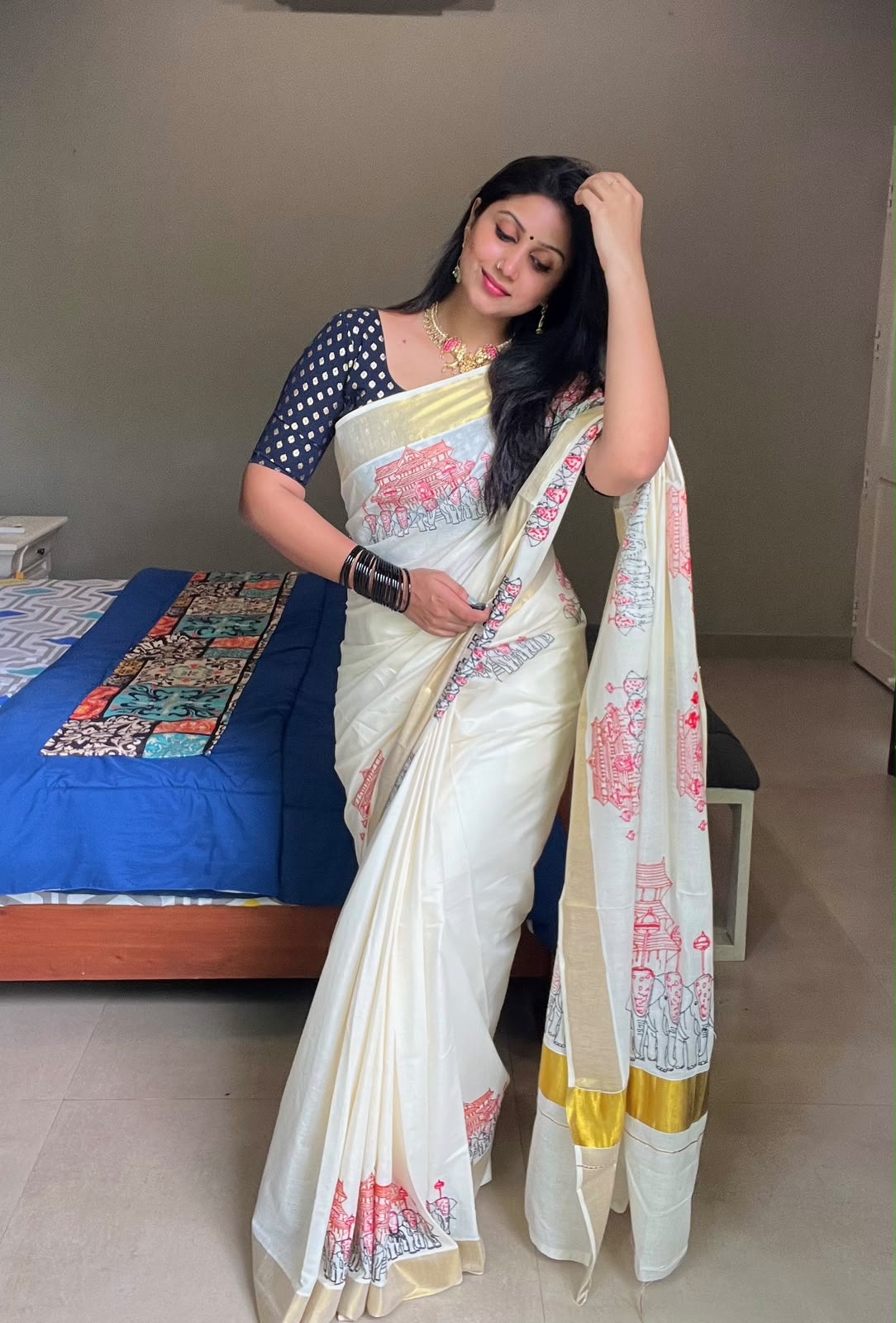THRISSUR POORAM- ELEPHANT EMBROIDERY KERALA COTTON SAREE- TBS26CTP